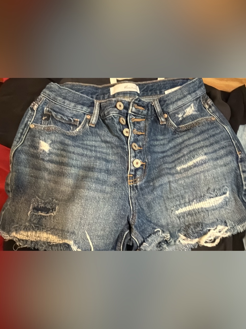 KanCan Distressed High-Rise Button-Fly Jean Shorts - Blue